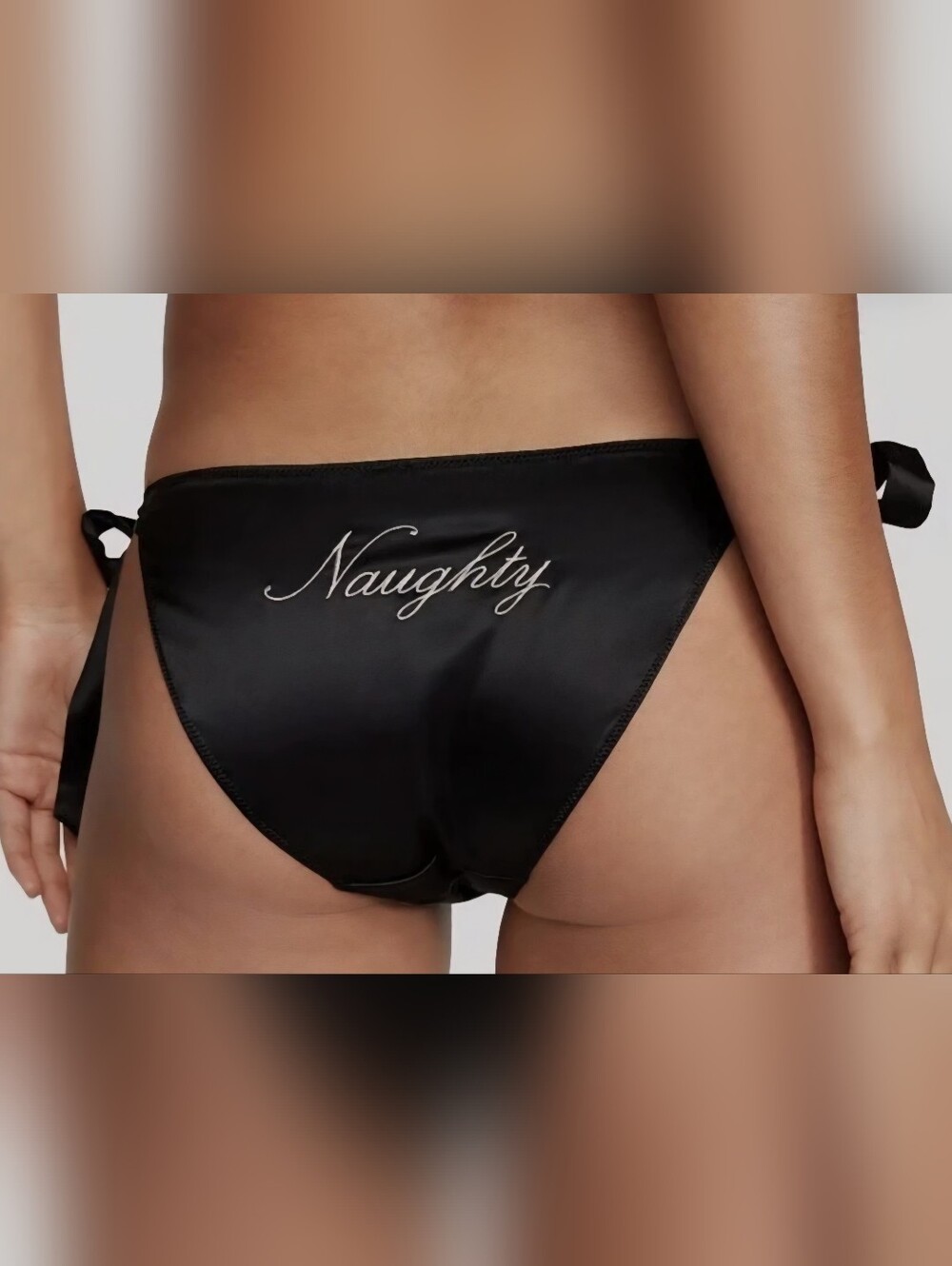 Victoria's Secret Black Satin Side-Tie Bikini with "Naughty" Script